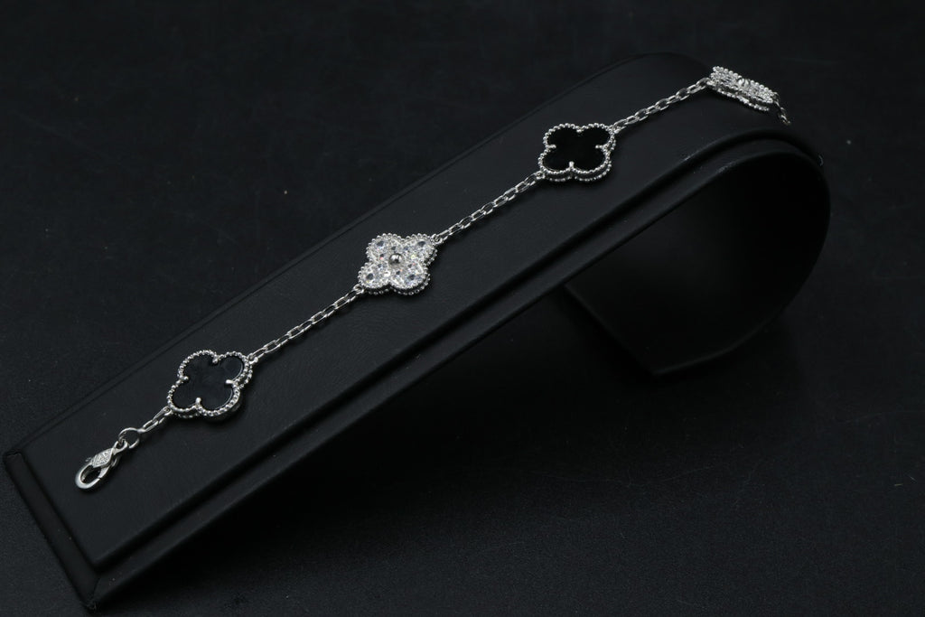 Pulsera VCA Plata .925 1:1 Vintage Alhambra, 5 Motivos Onyx - Diamonds.