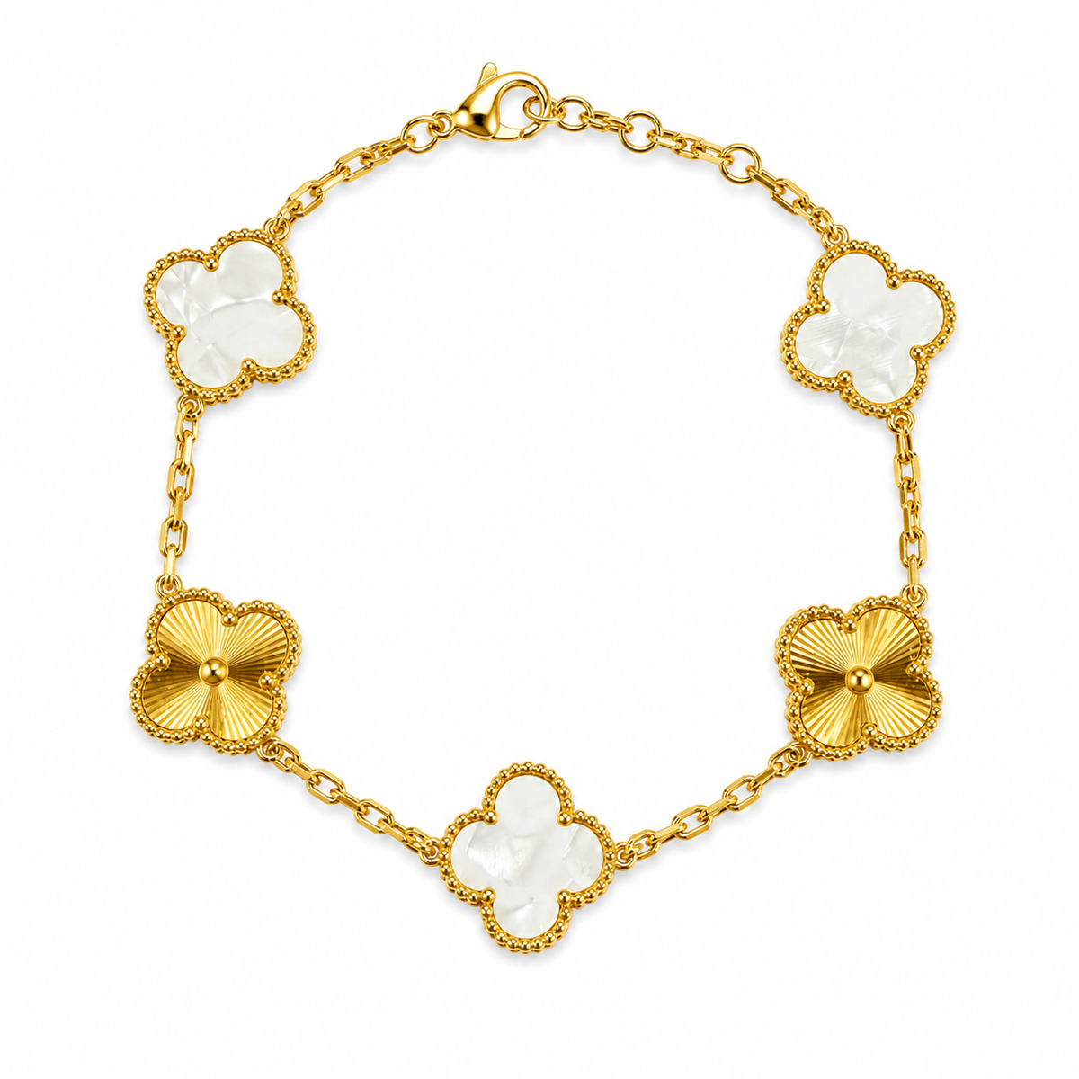 Pulsera Trébol Blanco Nácar - Láser Dorado.