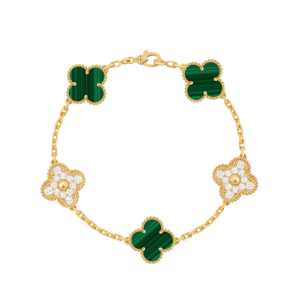Pulsera VCA Plata .925 1:1 Vintage Alhambra, 5 Malaquita - Diamonds / Gold