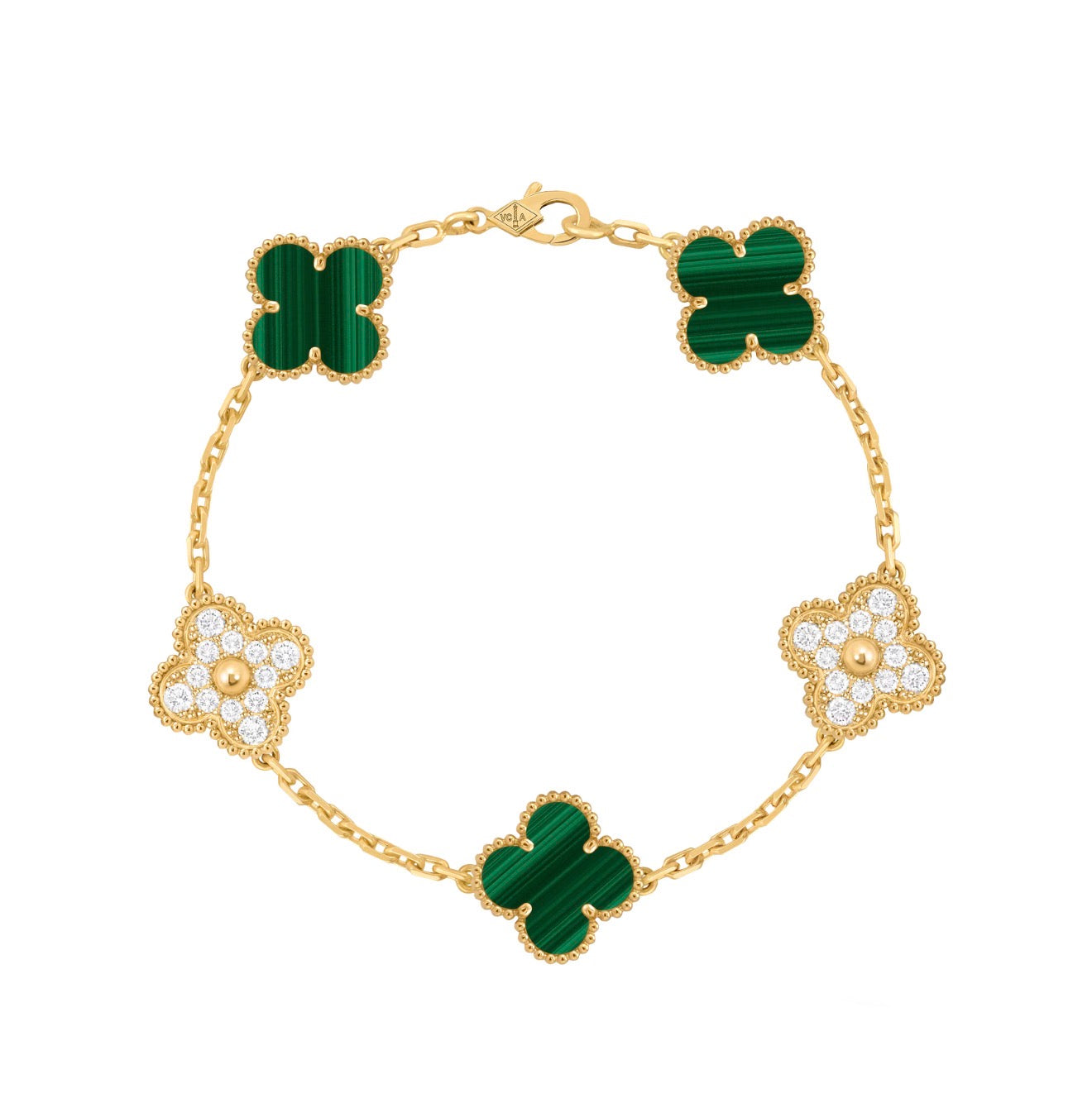 Pulsera VCA Plata .925 1:1 Vintage Alhambra, 5 Malaquita - Diamonds / Gold