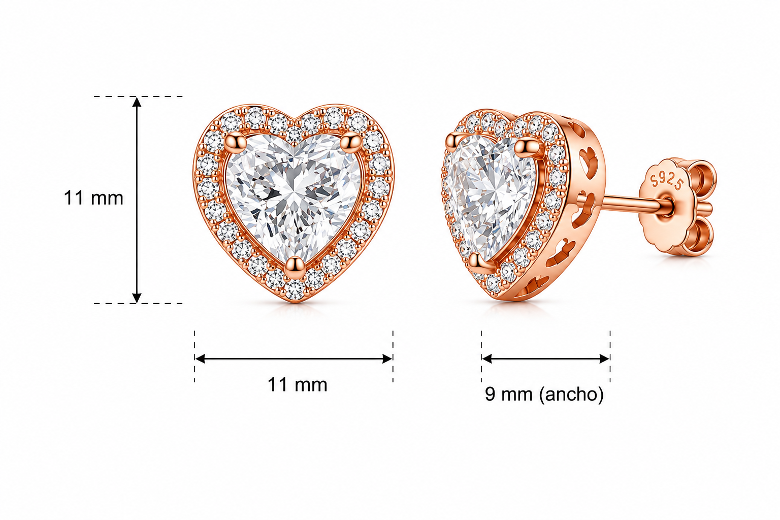 Aretes en Plata 925 Corazón Rose Gold - Moissanita.