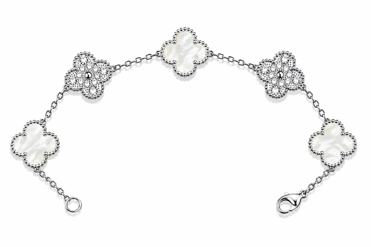 Pulsera Trébol 15 mm Mármol Blanco con Zirconias