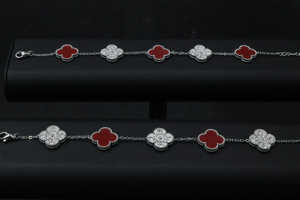 Pulsera Trébol con Zirconias 3 en 1 Plateado - Rojo