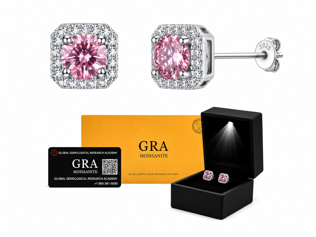 Aretes en Plata 925 Perfect Box - Moissanita Pink 0.5 ct.