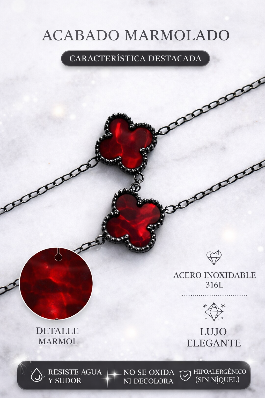 Collar Trébol 13 mm Rojo Marmolado. - Negro.