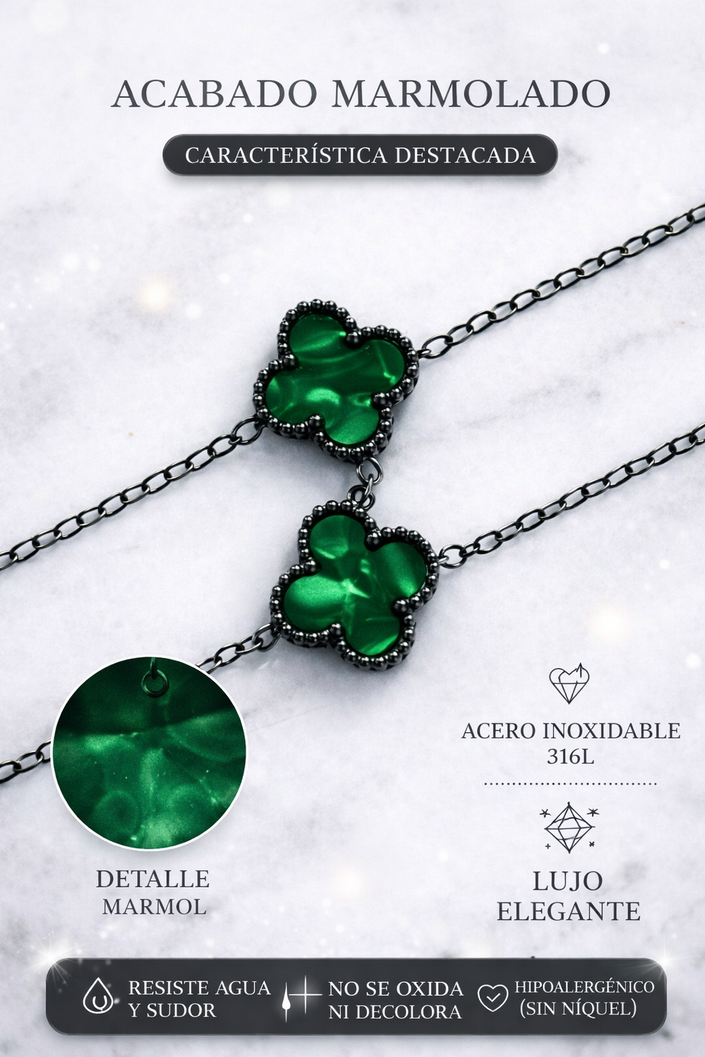 Collar Largo Trébol 13 mm Verde Marmolado. - Negro.