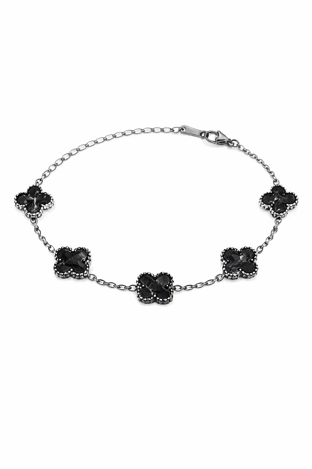 Pulsera Plateada Trébol 13 mm Mármol - Negro.