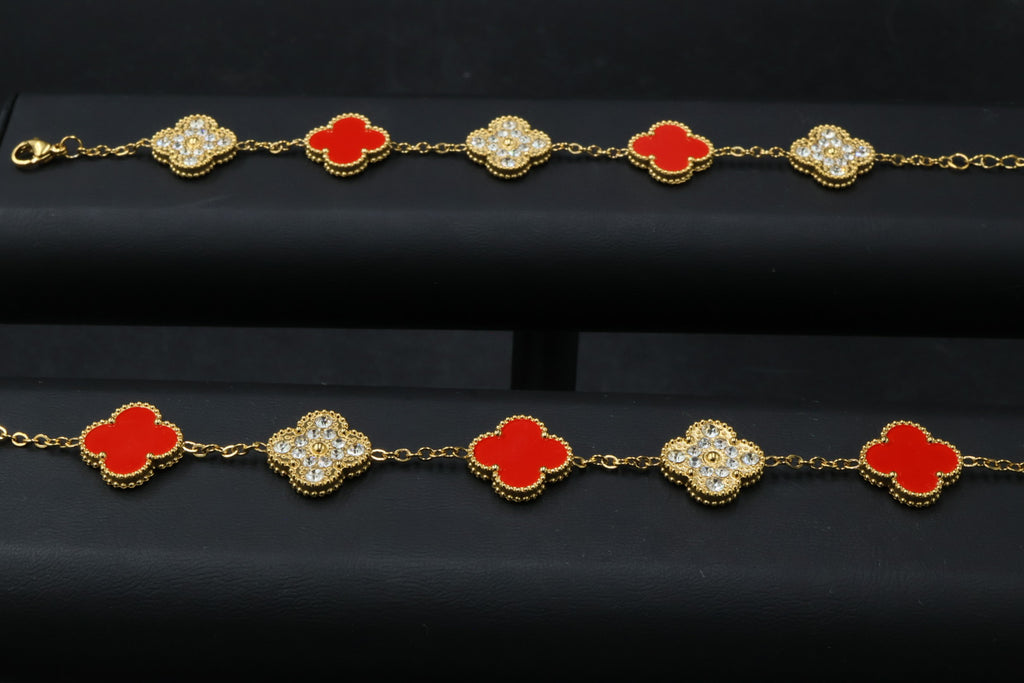 Pulsera Trébol 15 mm con Zirconias 3 en 1 Dorado - Rojo