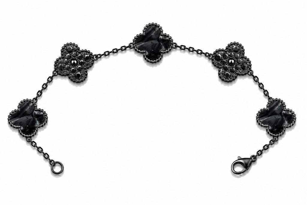 Pulsera Trébol 15 mm Mármol Full Negro con Zirconias
