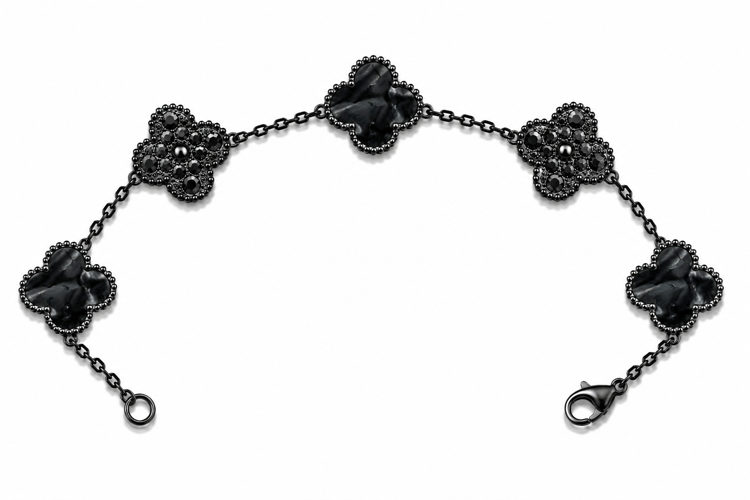 Pulsera Trébol 15 mm Mármol Full Negro con Zirconias