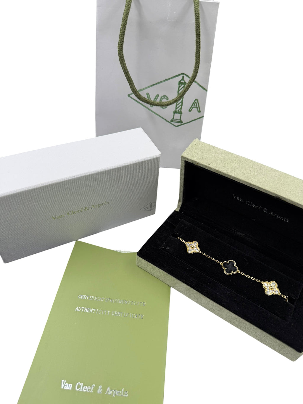 Pulsera VCA Plata .925 1:1 Vintage Alhambra, 5 Onyx - Diamonds / Gold