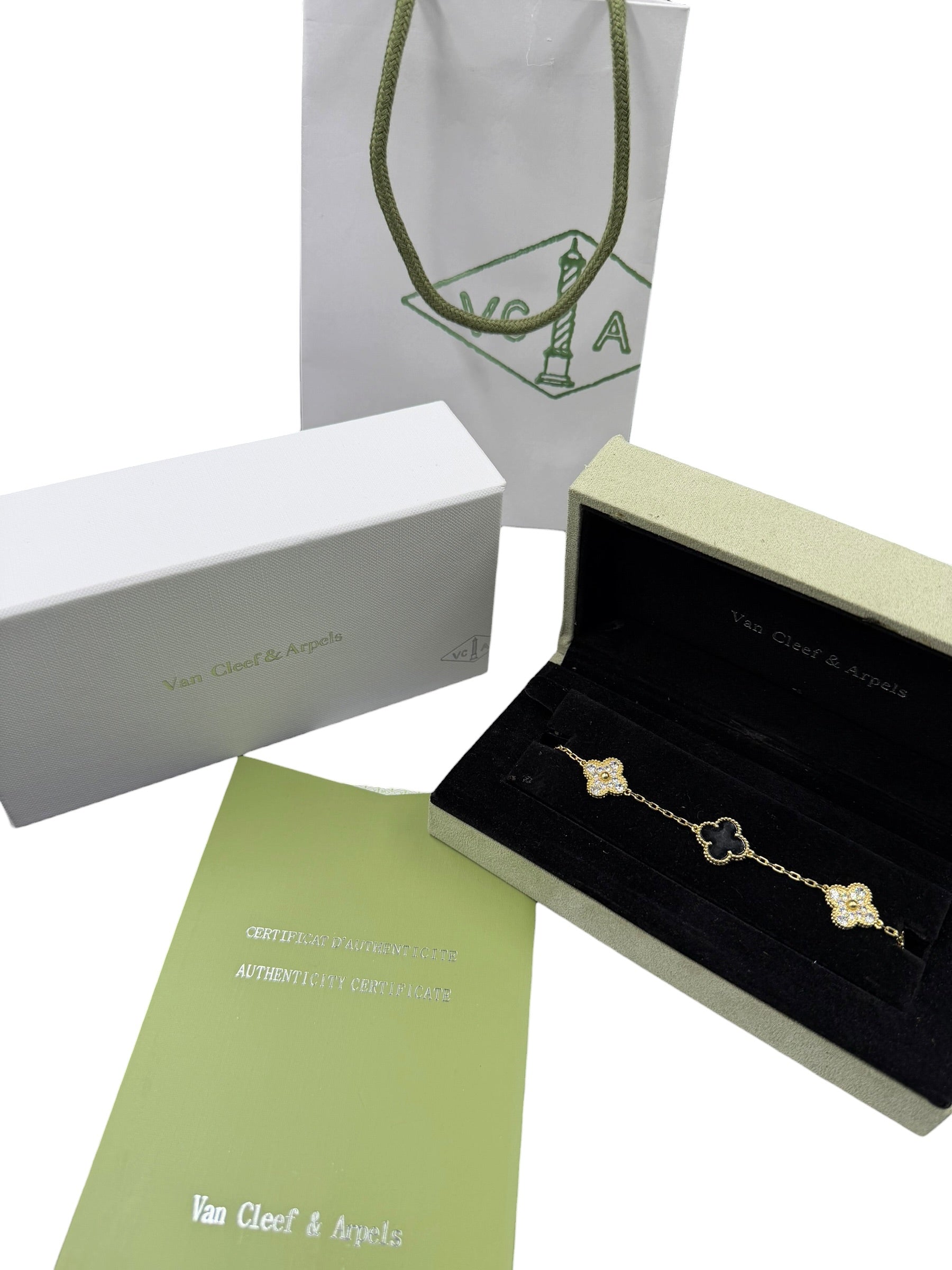 Pulsera VCA Plata .925 1:1 Vintage Alhambra, 5 Onyx - Diamonds / Gold