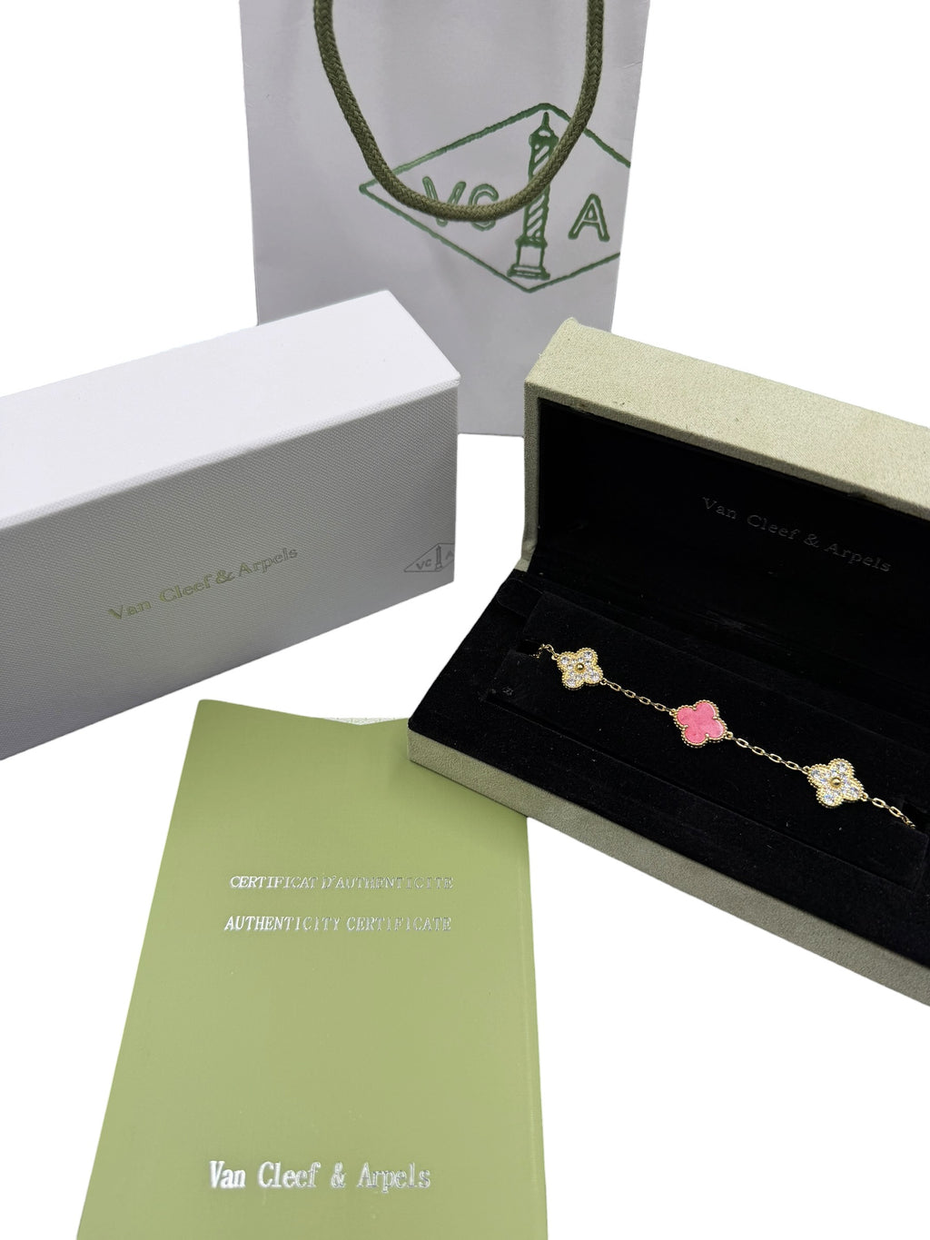 Pulsera VCA Plata .925 1:1 Vintage Alhambra, 5 Coral - Diamonds / Gold