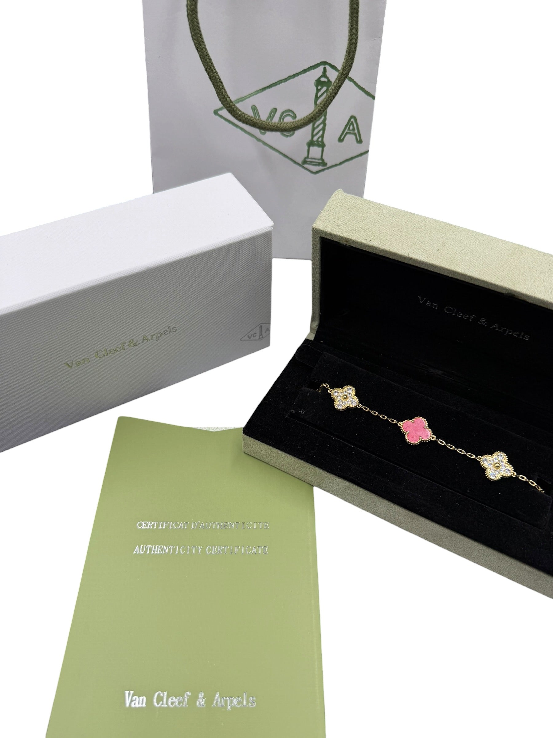 Pulsera VCA Plata .925 1:1 Vintage Alhambra, 5 Coral - Diamonds / Gold