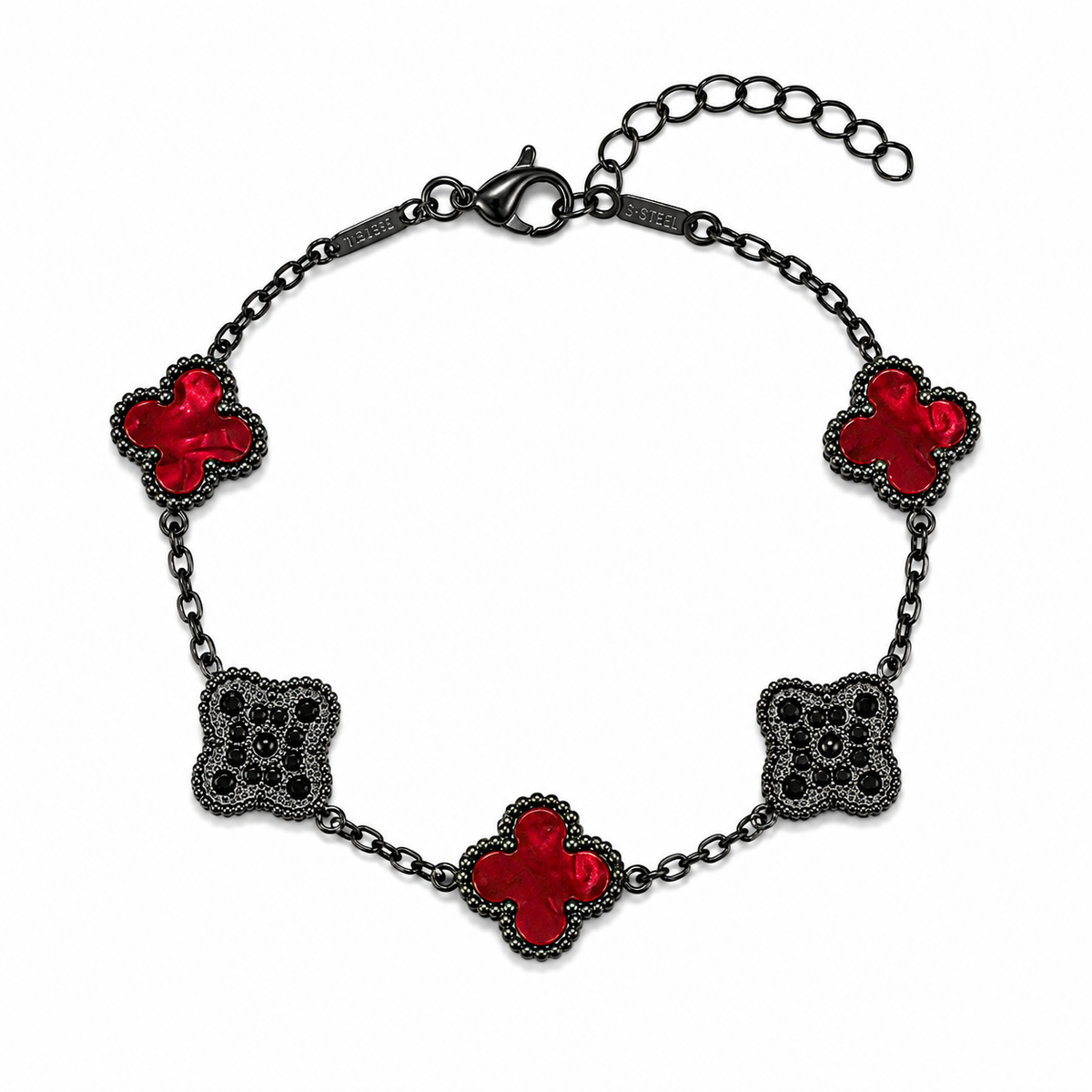 Pulsera Trébol Rojo Mármol- Zirconias Negras.