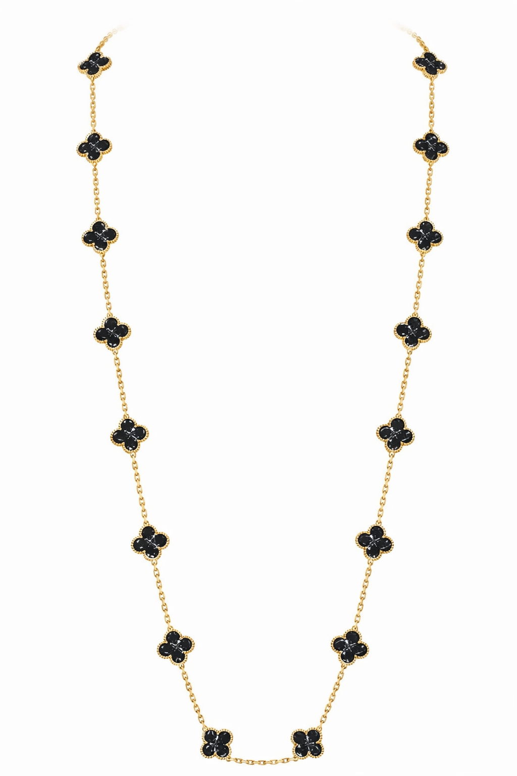 Collar Largo Trébol 13 mm Negro Marmolado. - Dorado.