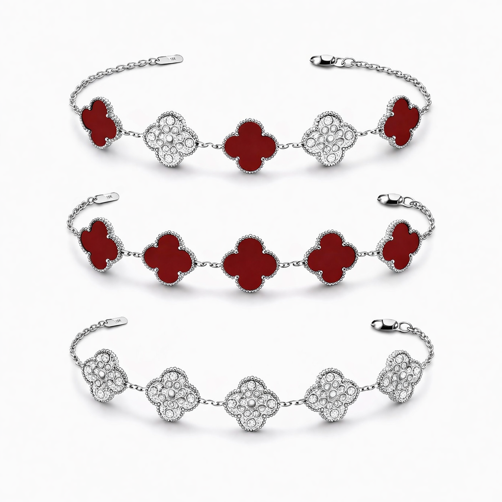Pulsera Trébol con Zirconias 3 en 1 Plateado - Rojo