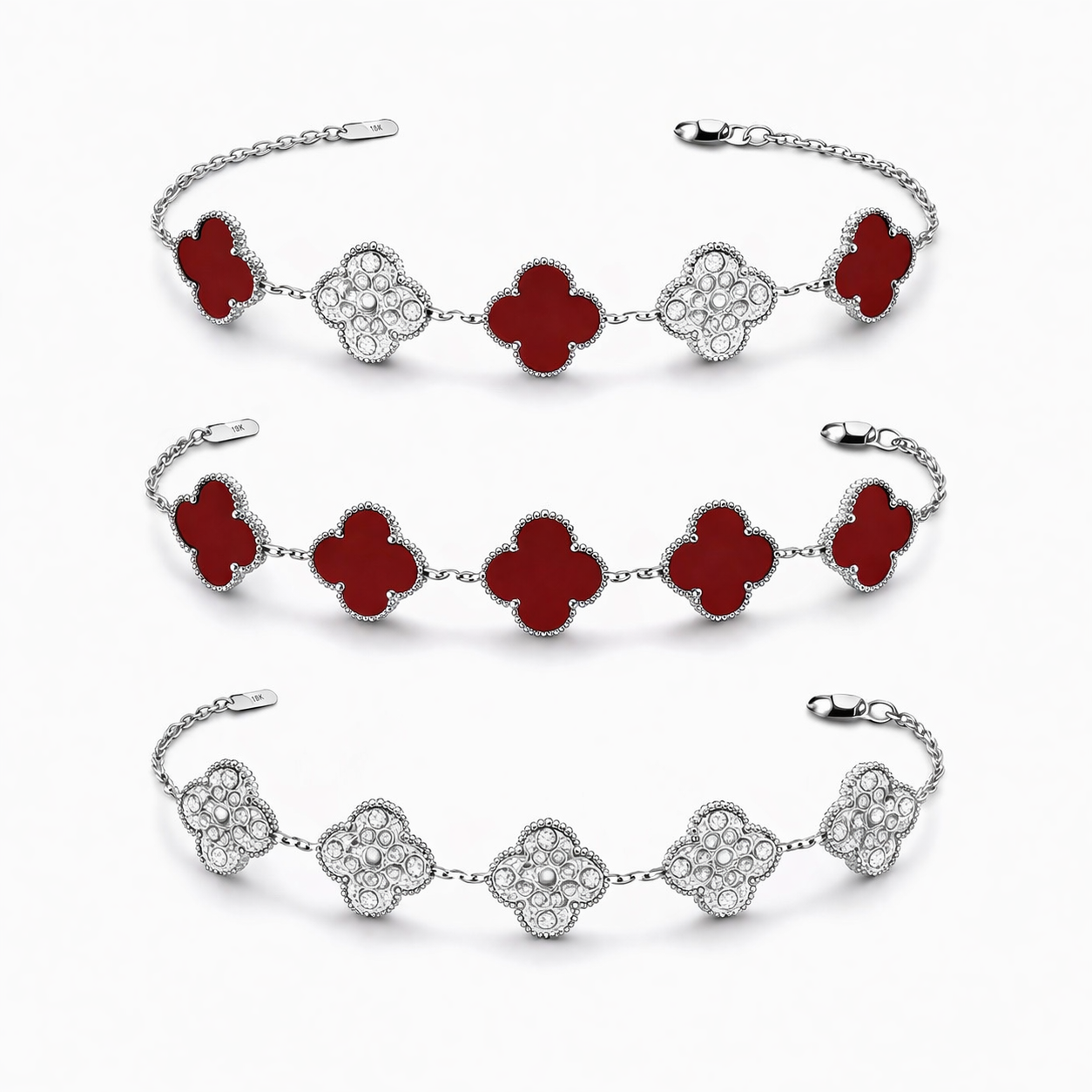 Pulsera Trébol con Zirconias 3 en 1 Plateado - Rojo