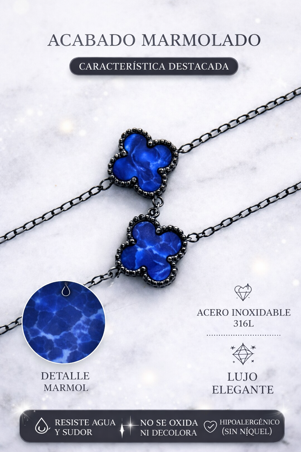 Collar Largo Trébol 13 mm Azul Marmolado. - Negro.
