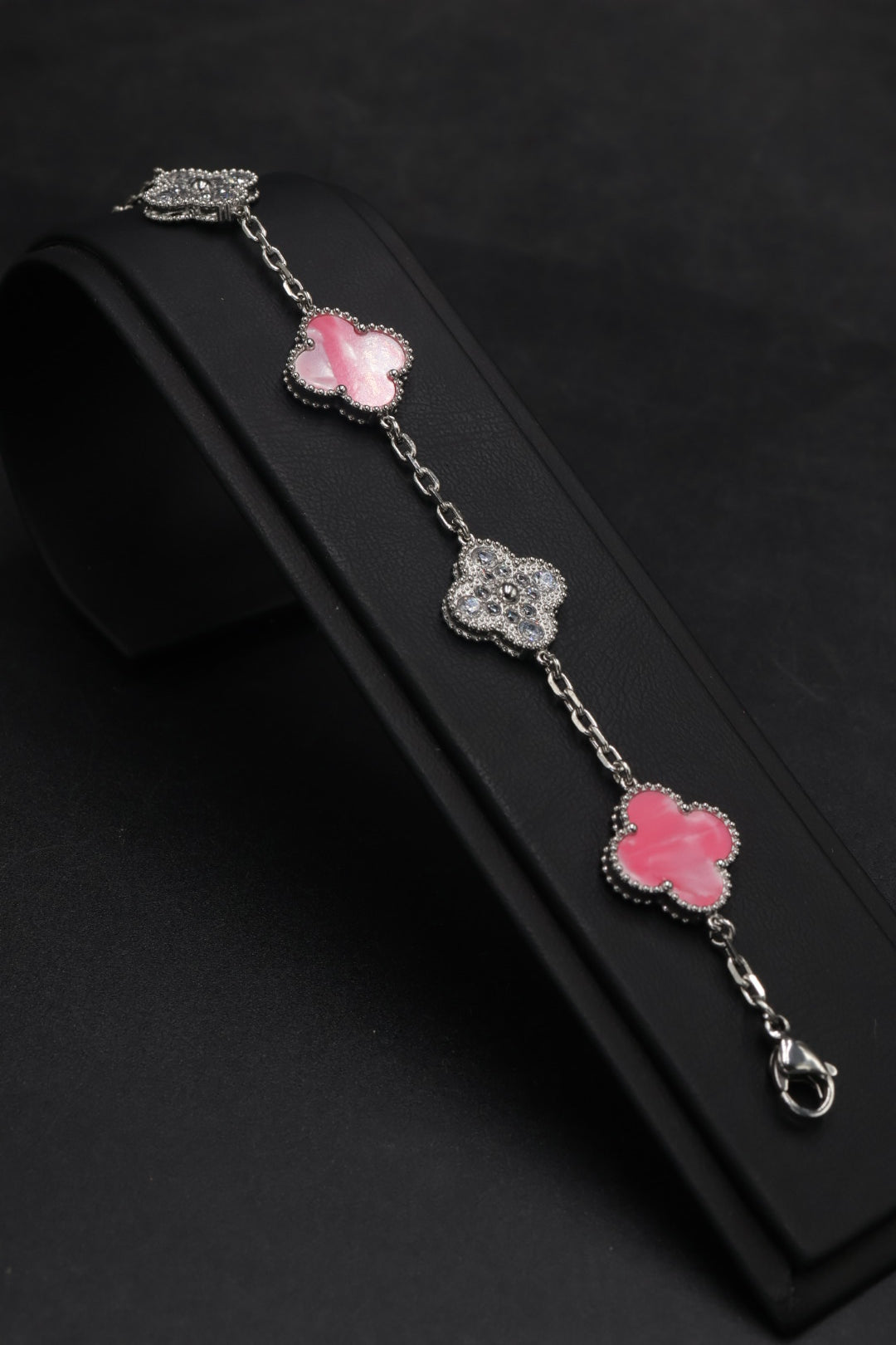 Pulsera Trébol 15 mm Mármol Rosa con Zirconias