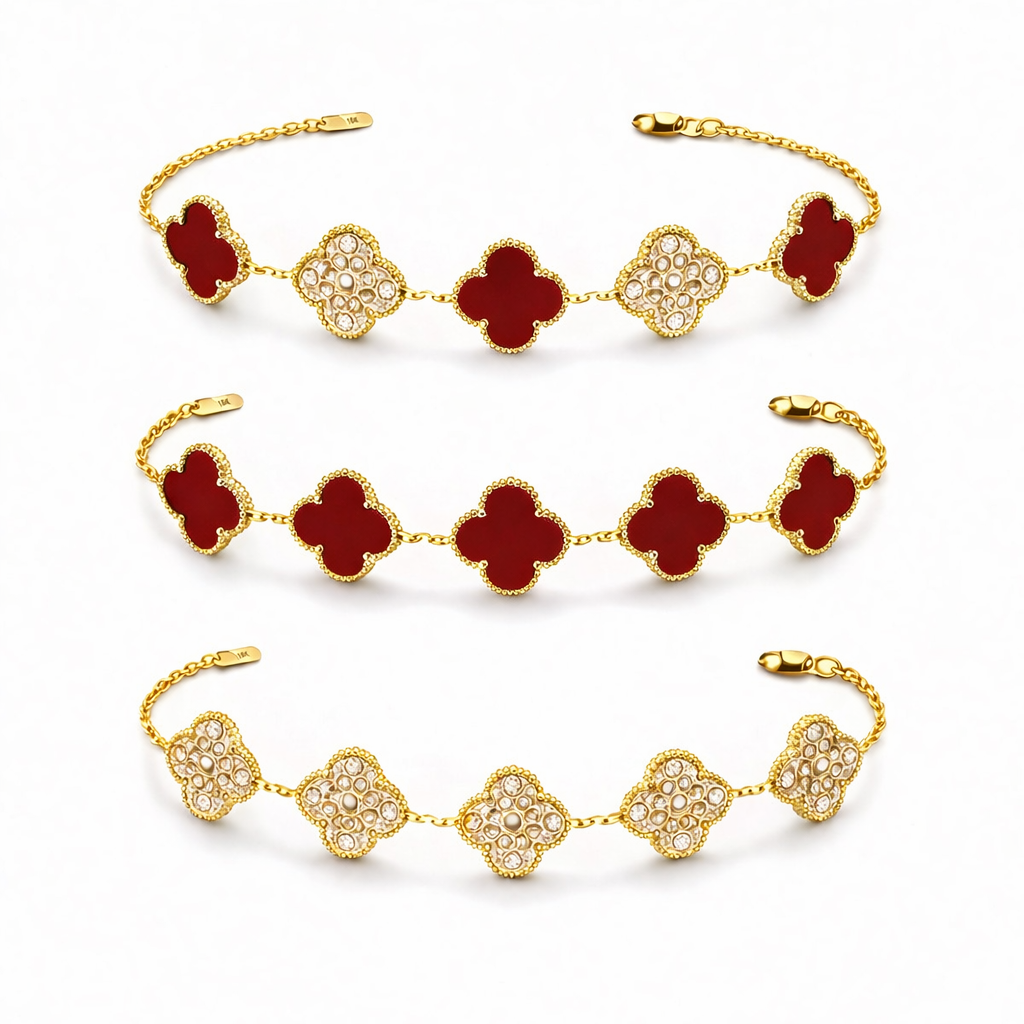 Pulsera Trébol 15 mm con Zirconias 3 en 1 Dorado - Rojo