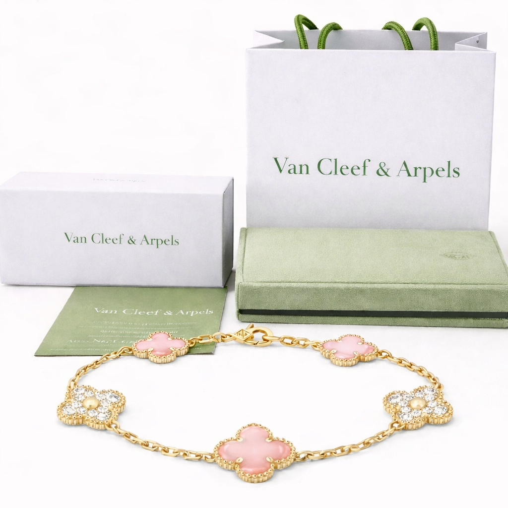 Pulsera VCA Plata .925 1:1 Vintage Alhambra, 5 Coral - Diamonds / Gold