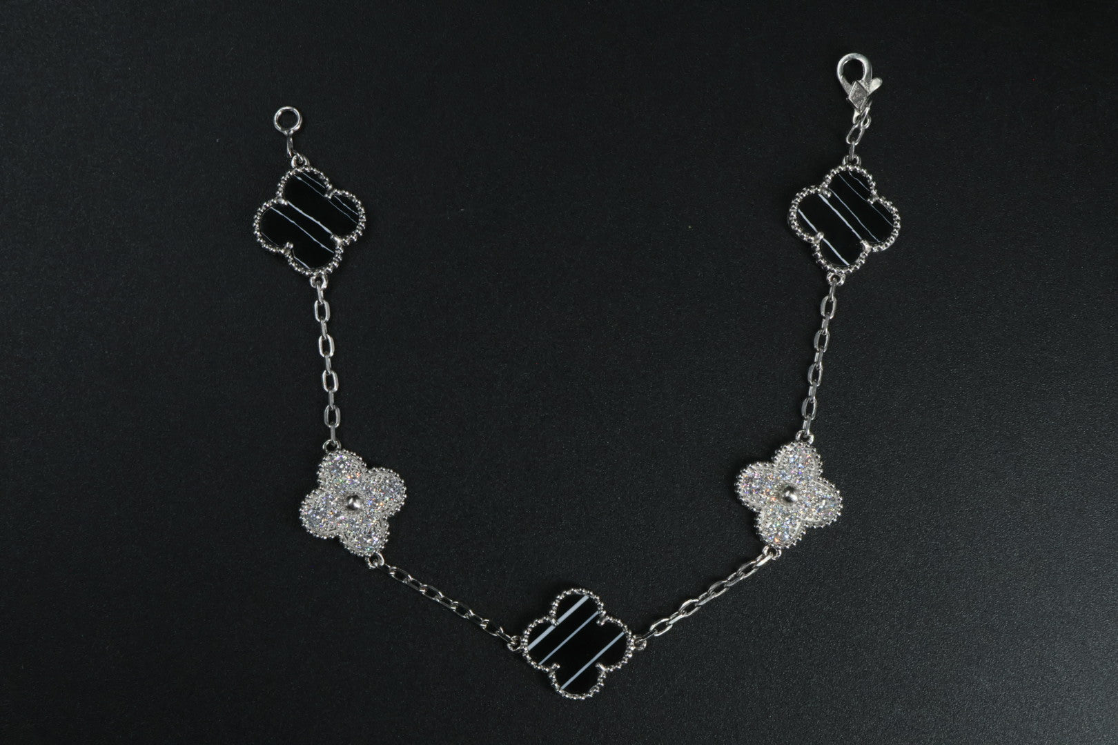Pulsera VCA Plata .925 1:1 Vintage Alhambra, 5 Motivos Negro Obsidiana - Diamonds.