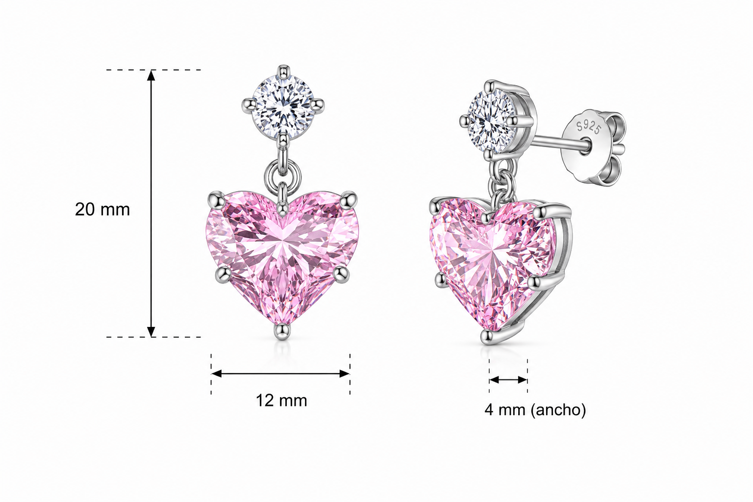 Aretes en Plata 925 Corazón CZ - Moissanita D 0.5 ct.