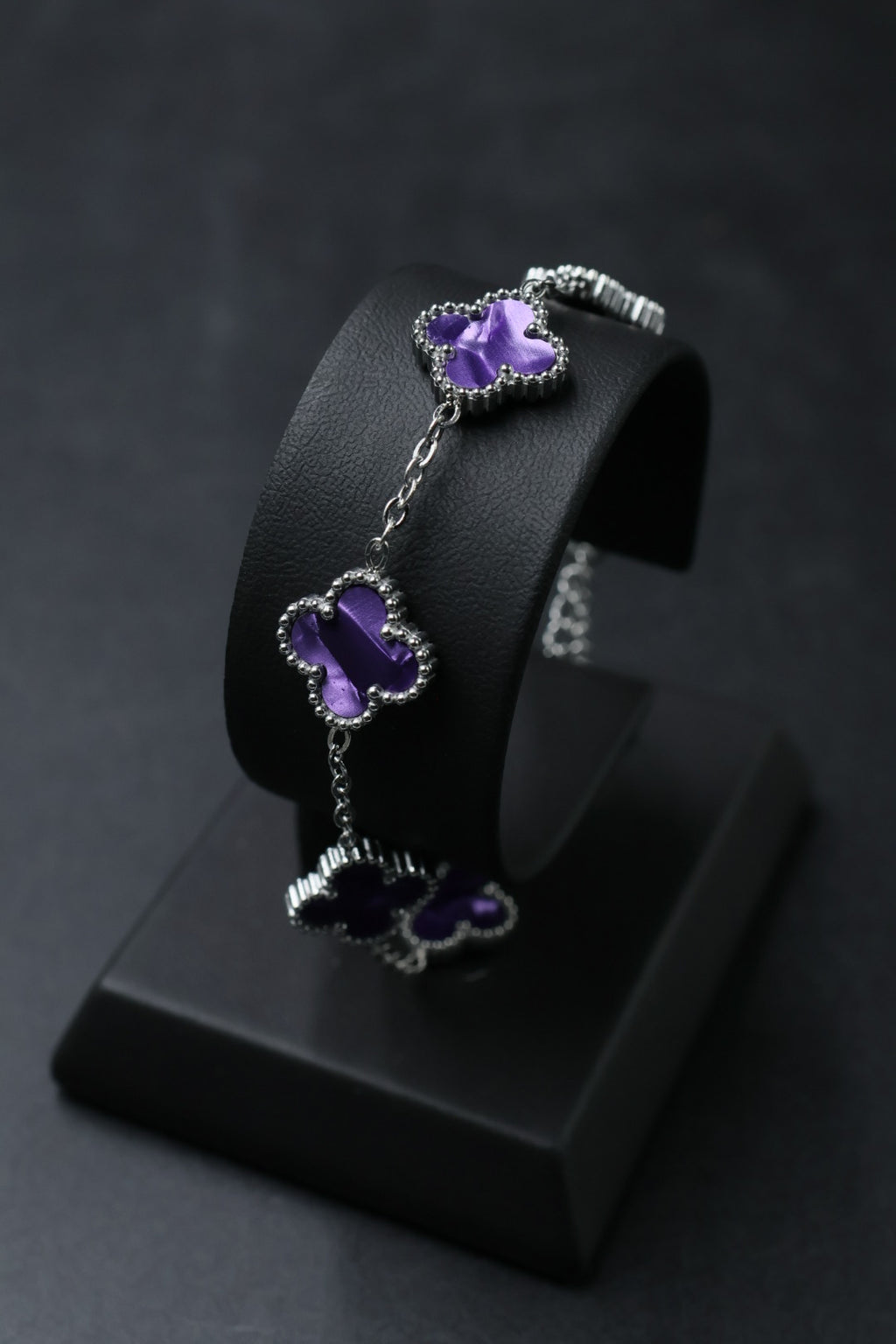 Pulsera Plateada Trébol 13 mm Mármol - Morado.