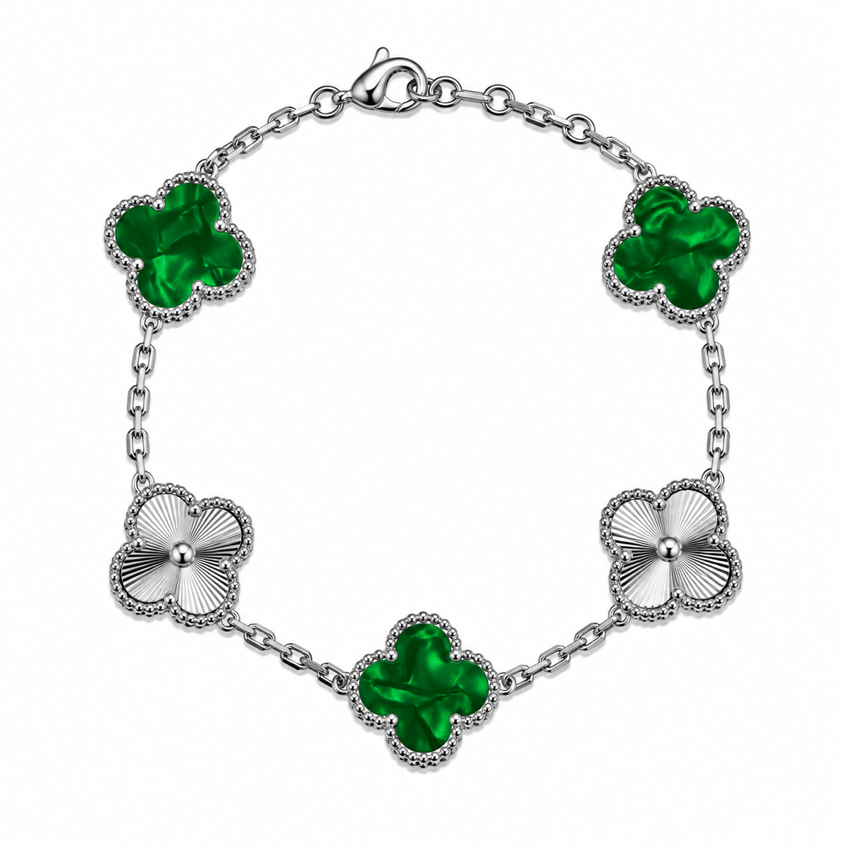Pulsera Trébol Verde Mármol- Láser Plateado.