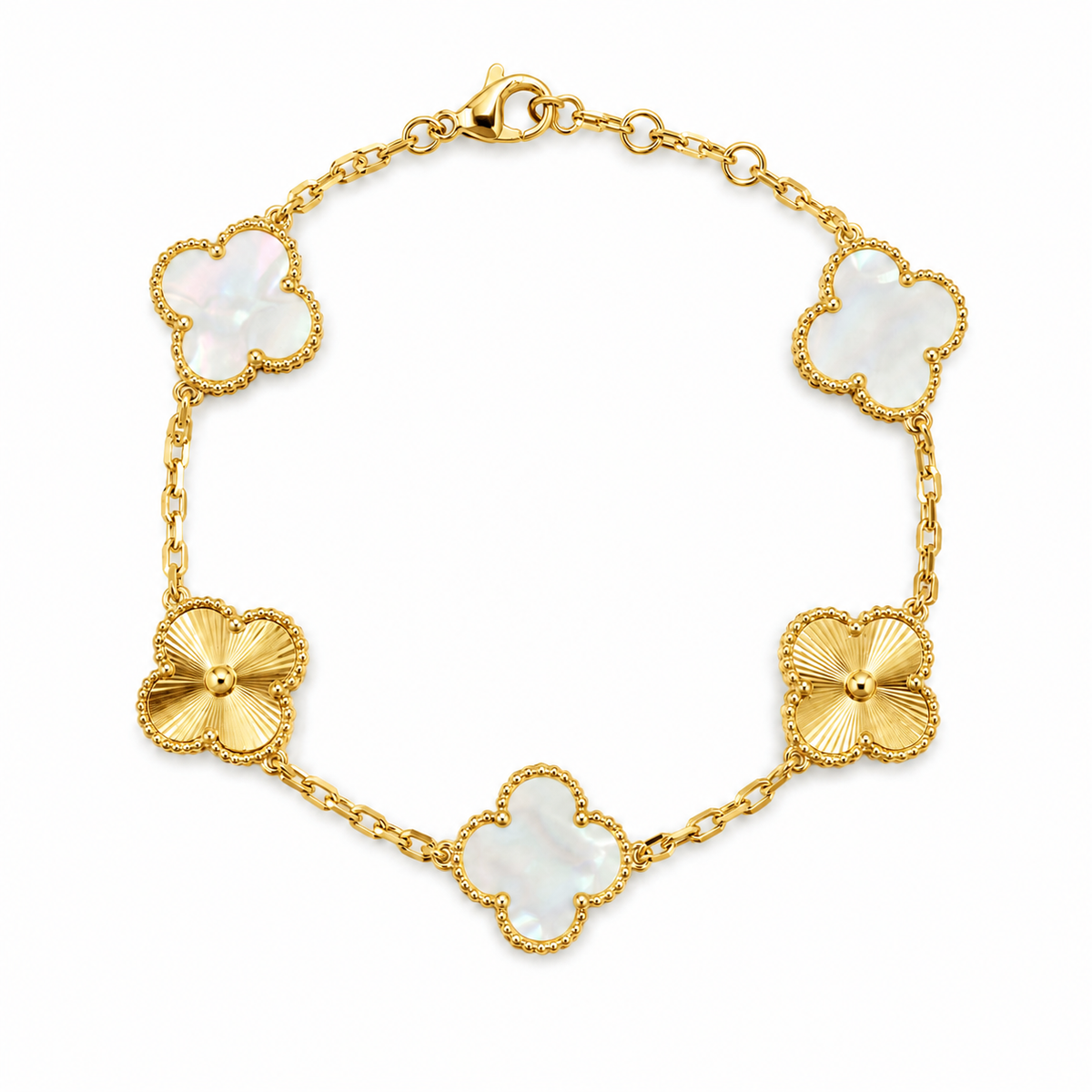 Pulsera Trébol Blanco Tornasol - Láser Dorado.