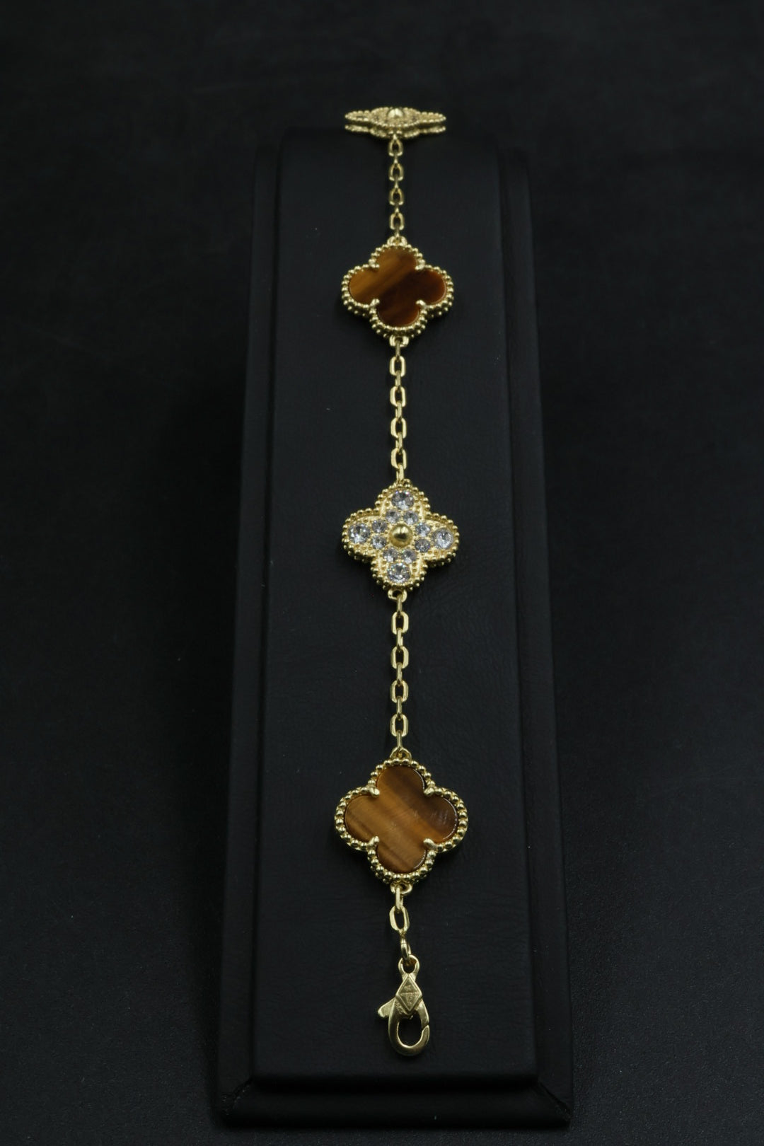 Pulsera VCA Plata .925 1:1 Vintage Alhambra, 5 Ojo de Tigre - Diamonds / Gold