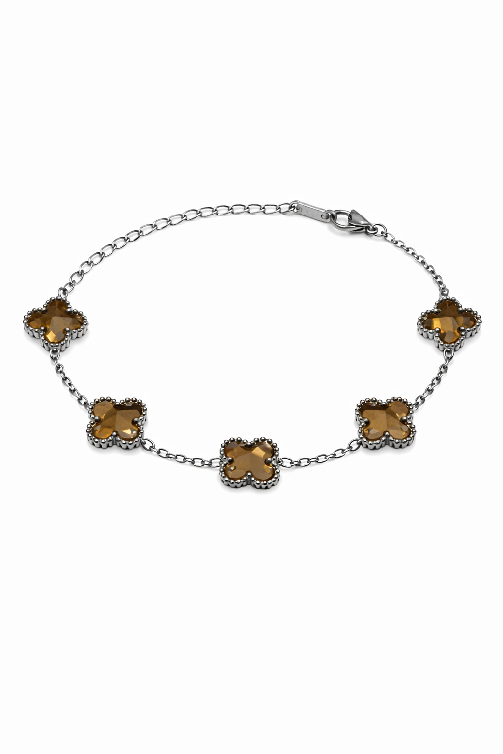 Pulsera Plateada Trébol 13 mm Mármol - Café.