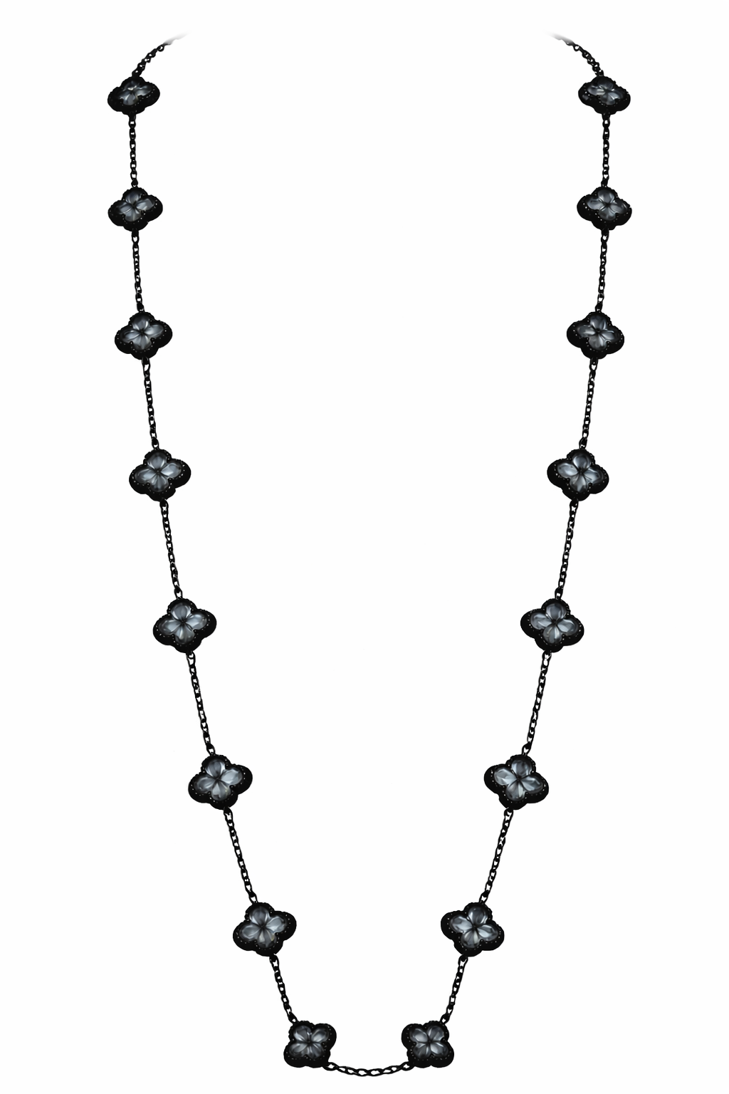 Collar Largo Trébol 13 mm Gris Marmolado. - Negro.