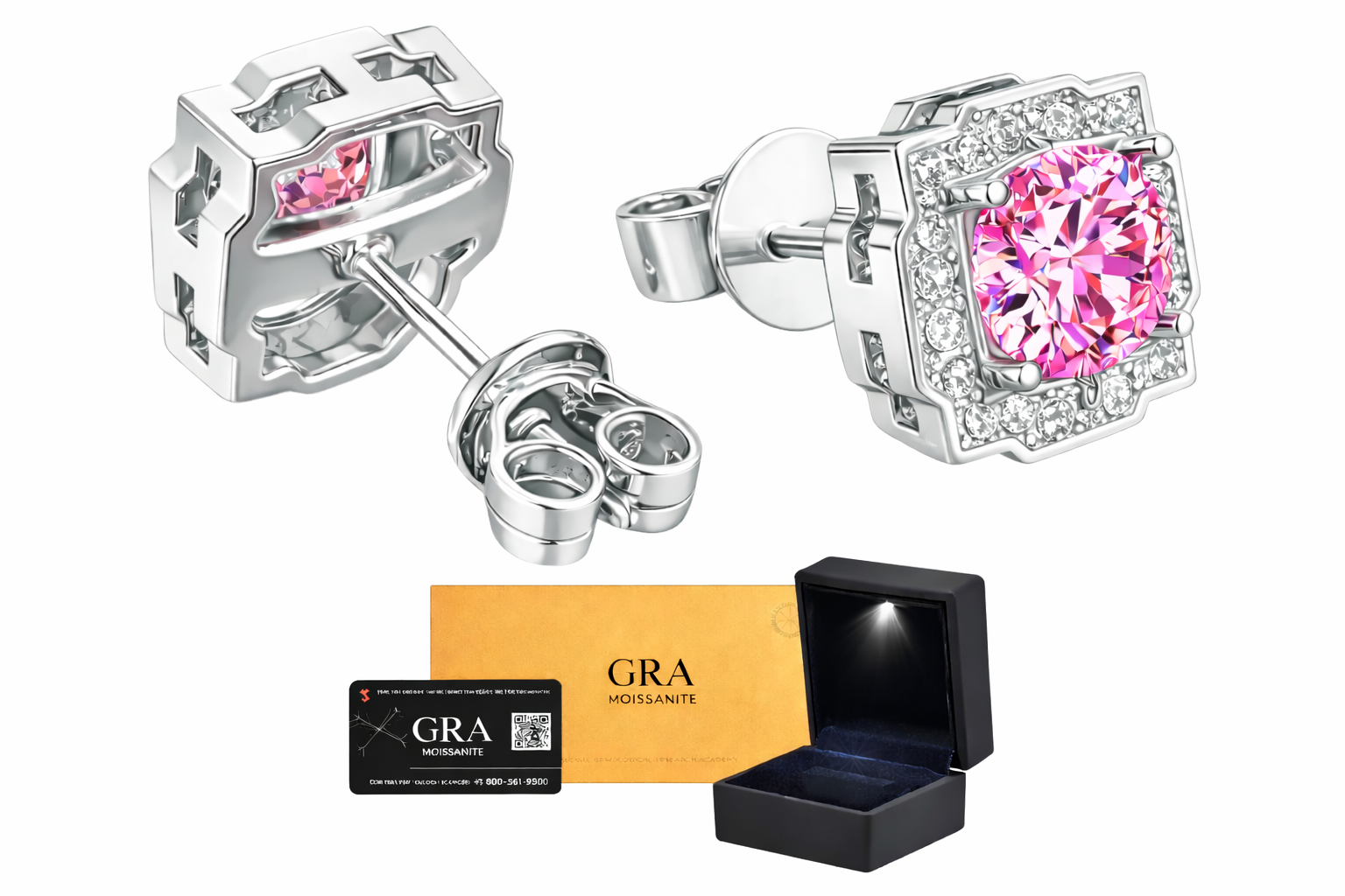 Aretes Hexagonal Plata .925 - Moissanita Pink 0.5 ct.