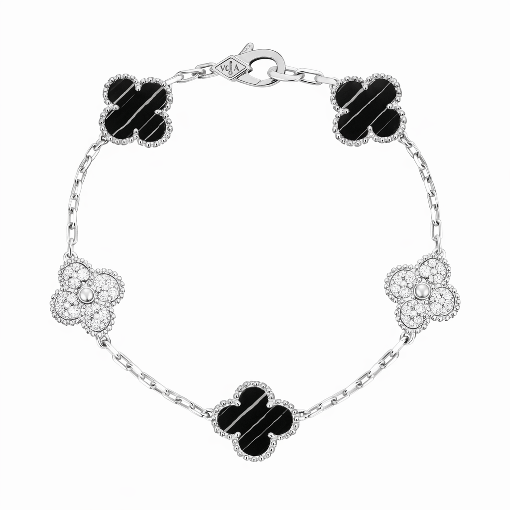 Pulsera VCA Plata .925 1:1 Vintage Alhambra, 5 Motivos Negro Obsidiana - Diamonds.