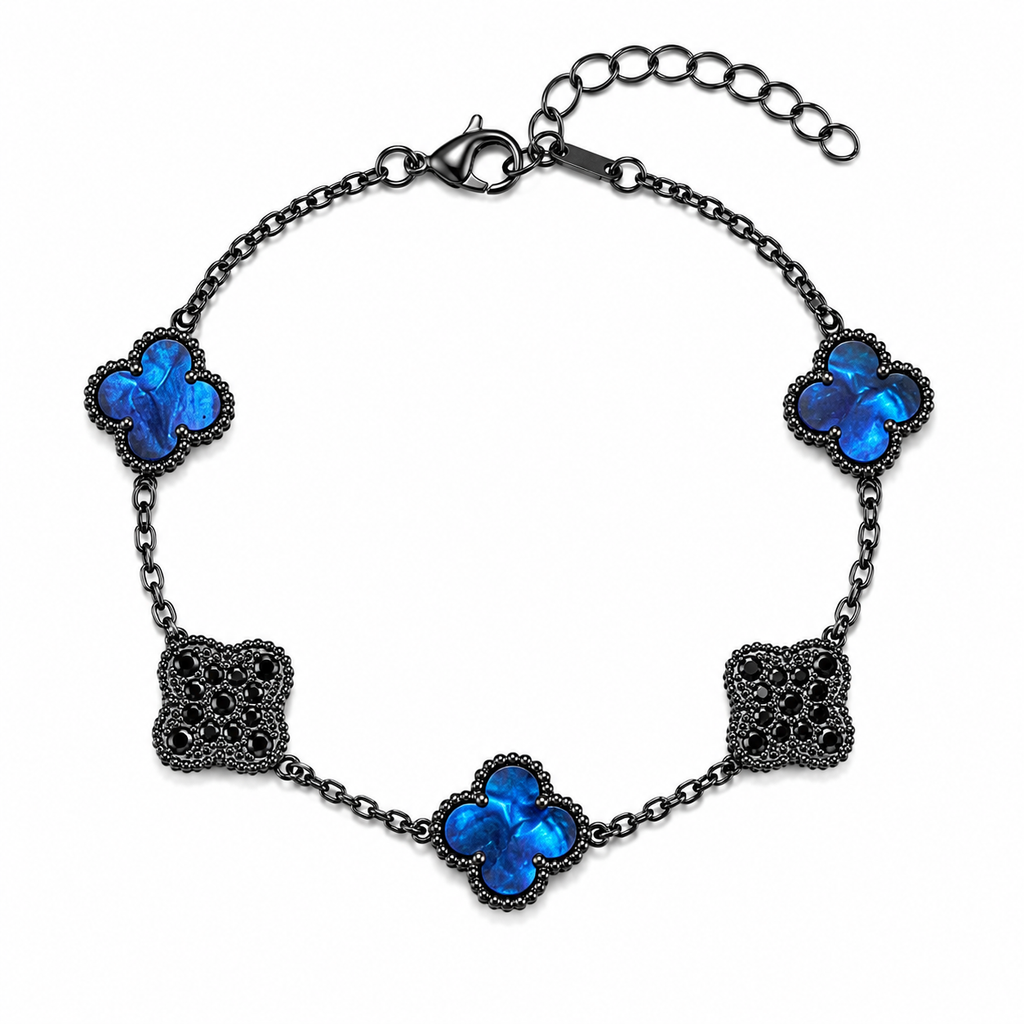 Pulsera Trébol Azul Marino Mármol- Zirconias Negras.