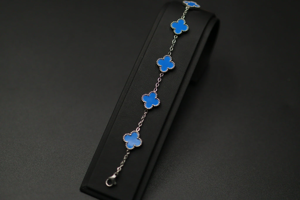 Pulsera Trébol 13 mm Liso Plateado - Azul.