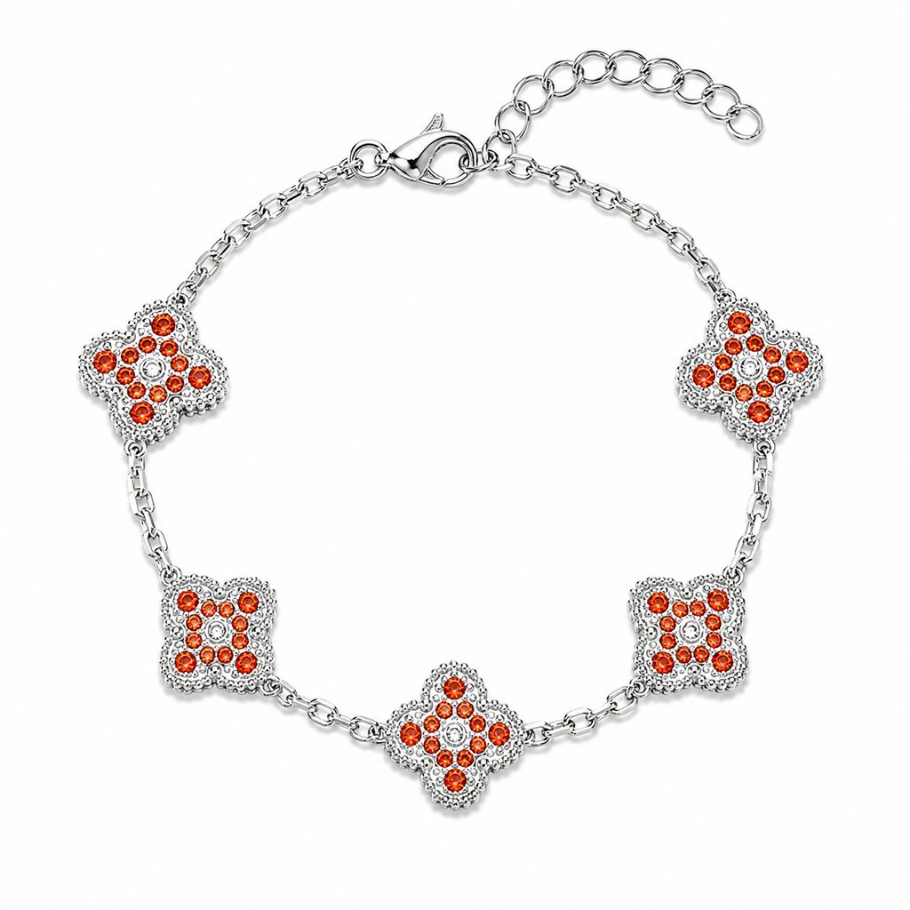 Pulsera Trébol Plateado - Zirconias Naranjas.