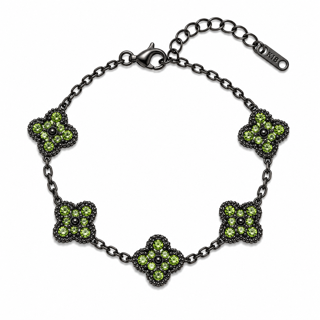 Pulsera Trébol Negro - Zirconias Verdes.