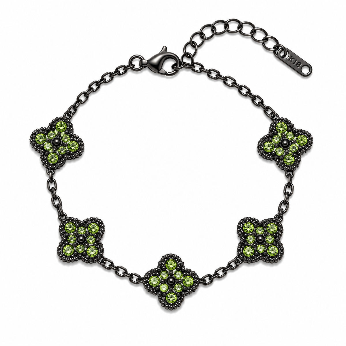 Pulsera Trébol Negro - Zirconias Verdes.