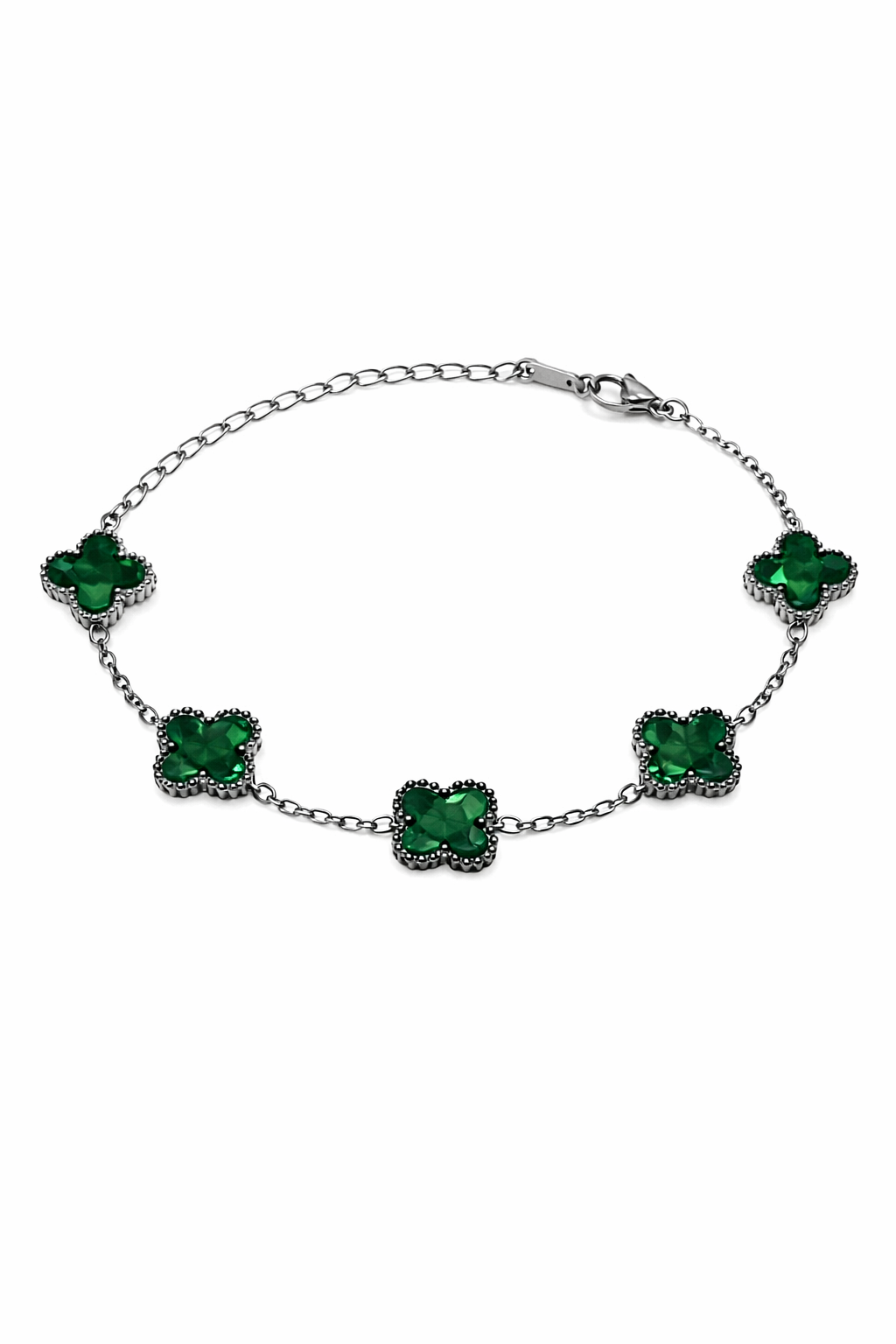 Pulsera Plateada Trébol 13 mm Mármol - Verde.