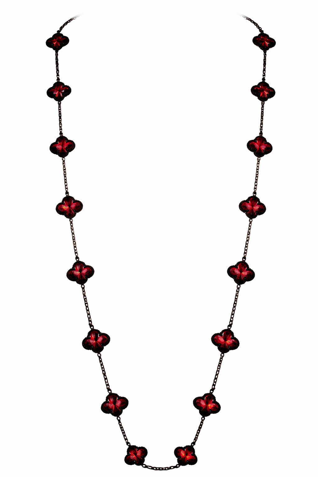 Collar Largo Trébol 13 mm Rojo Marmolado. - Negro.