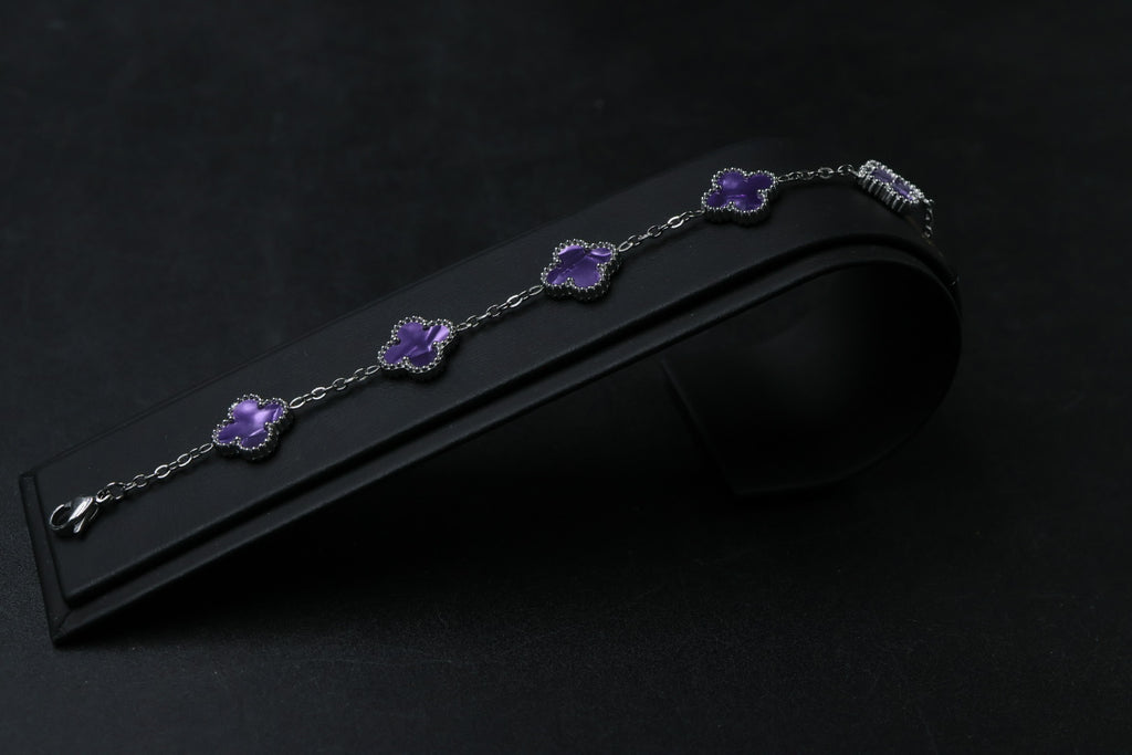 Pulsera Plateada Trébol 13 mm Mármol - Morado.