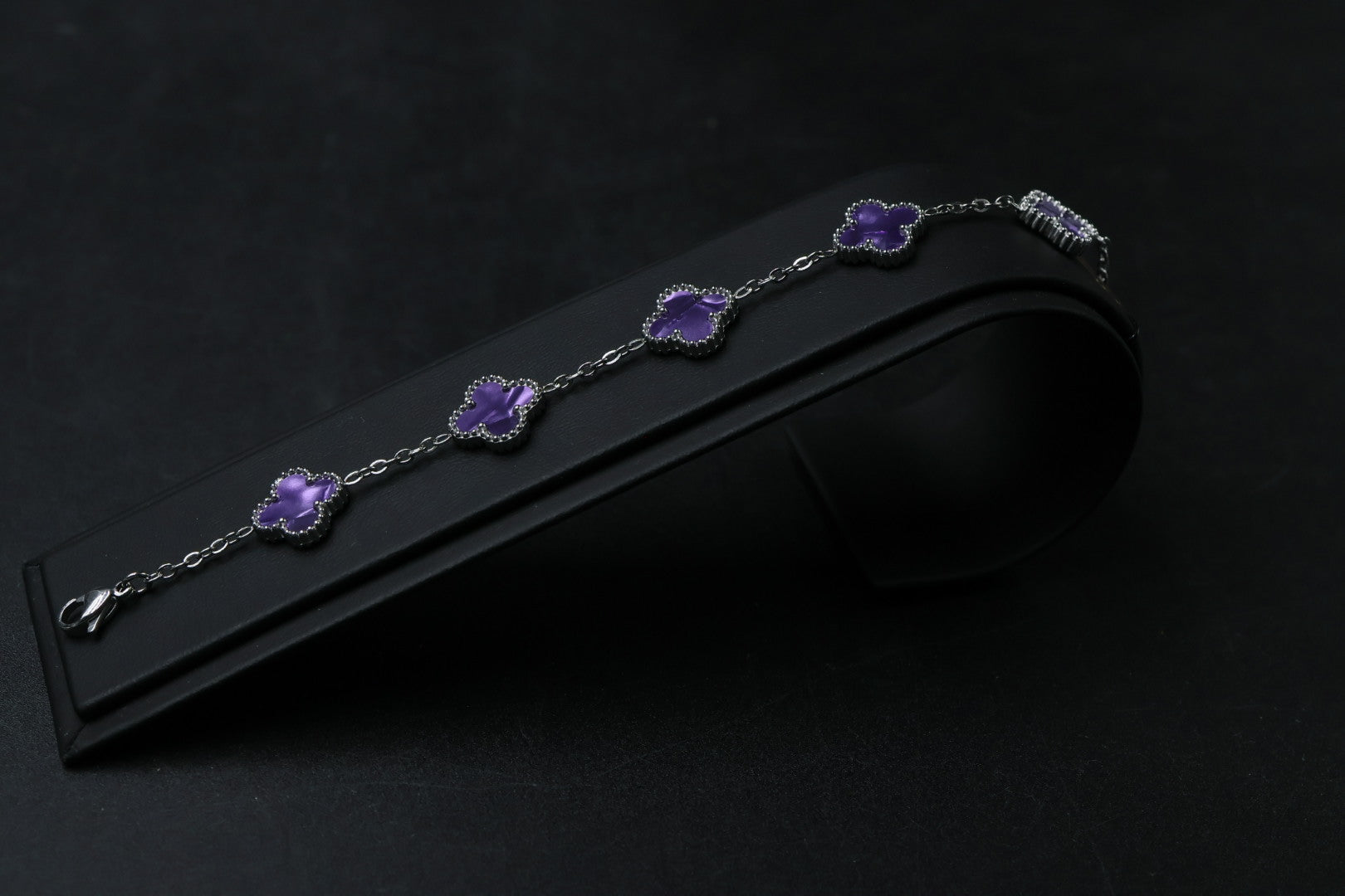 Pulsera Plateada Trébol 13 mm Mármol - Morado.