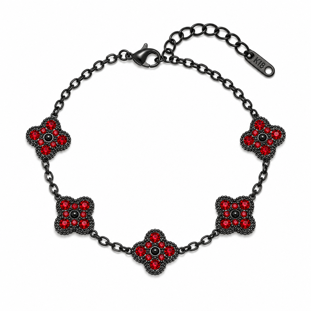 Pulsera Trébol Negro - Zirconias Rojo.