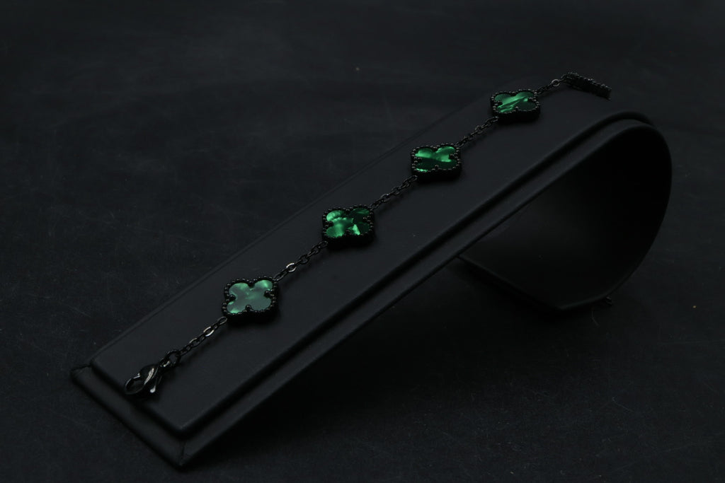 Pulsera Negra Trébol 13 mm Mármol - Verde.