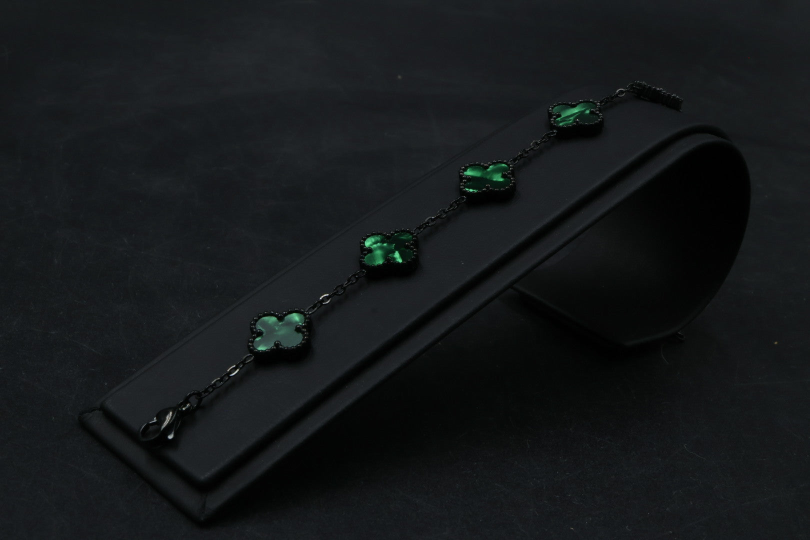 Pulsera Negra Trébol 13 mm Mármol - Verde.