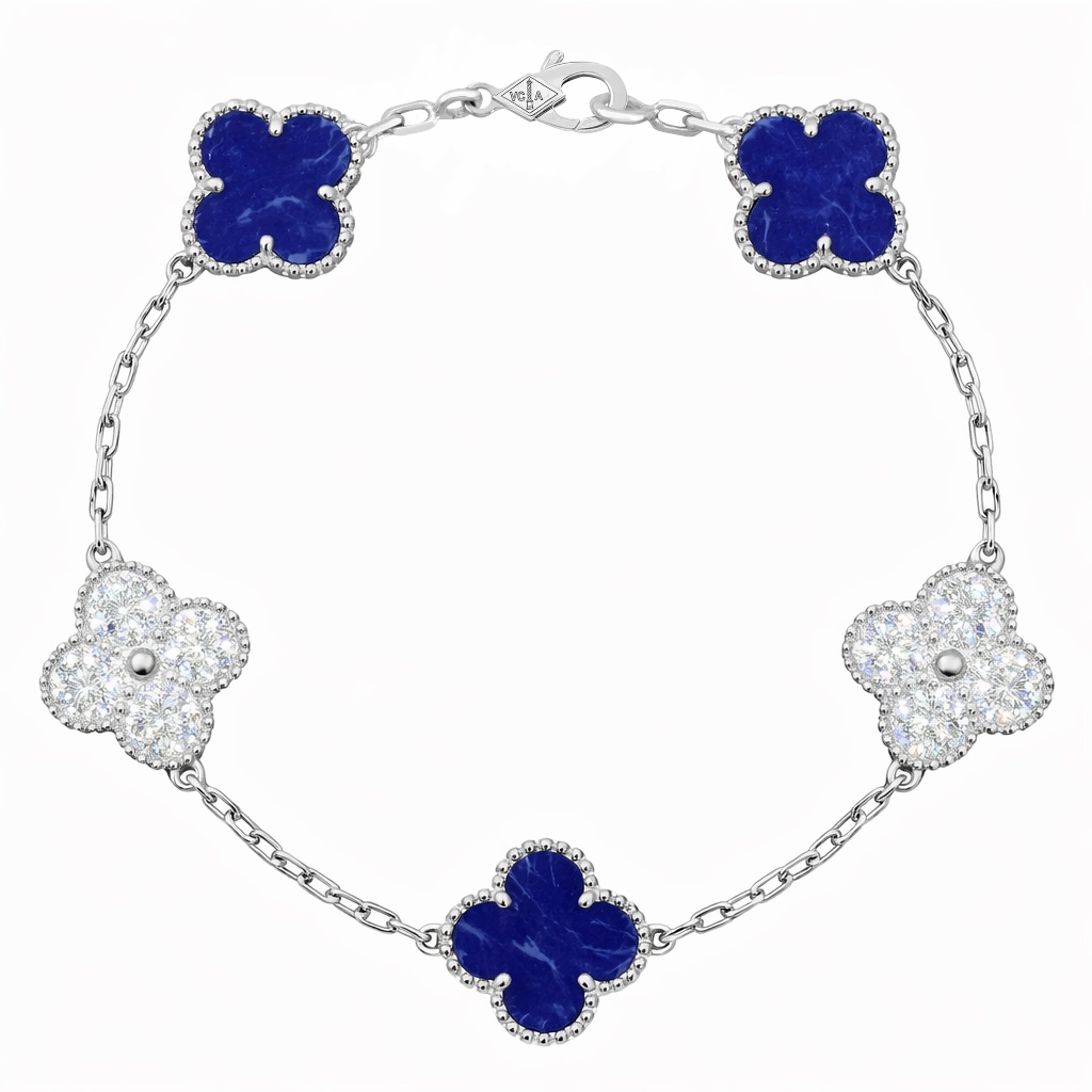 Pulsera VCA Plata .925 1:1 Vintage Alhambra, 5 Motivos Lapislázuli- Diamonds.
