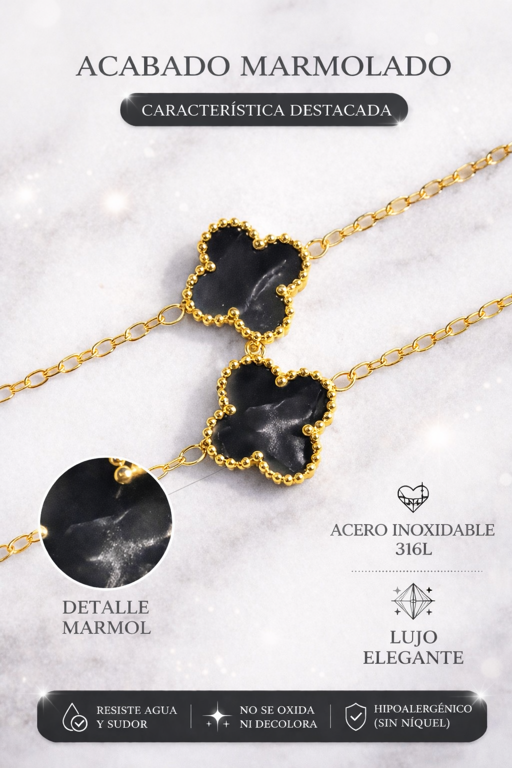 Collar Largo Trébol 13 mm Negro Marmolado. - Dorado.
